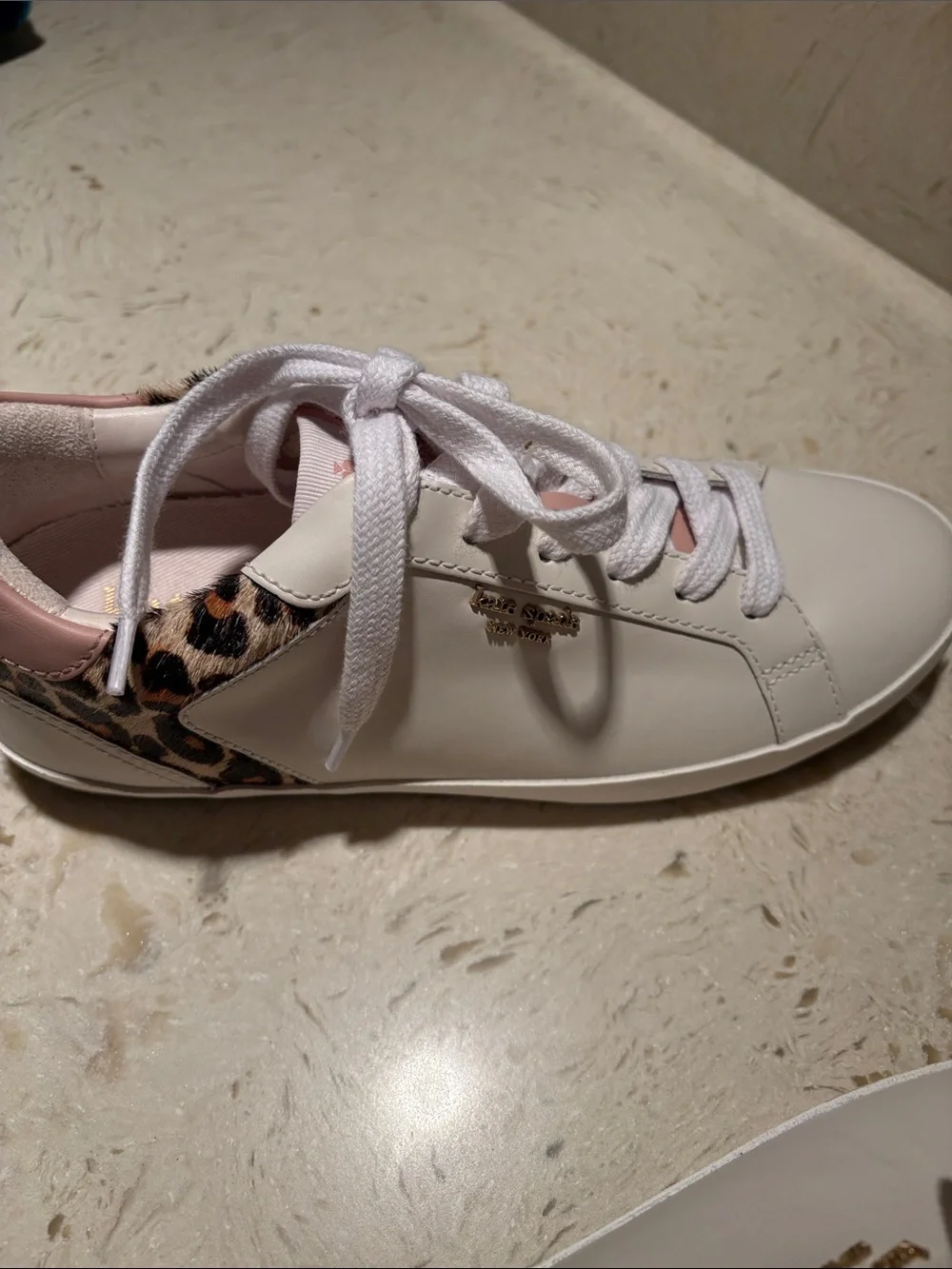 kate spade White Sneakers with Pink Trim and Leopard Heel